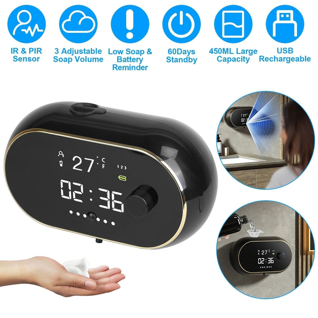 Automatic Soap Dispenser Usb Touchless Infrared Sensor 450Ml Waterproof Black